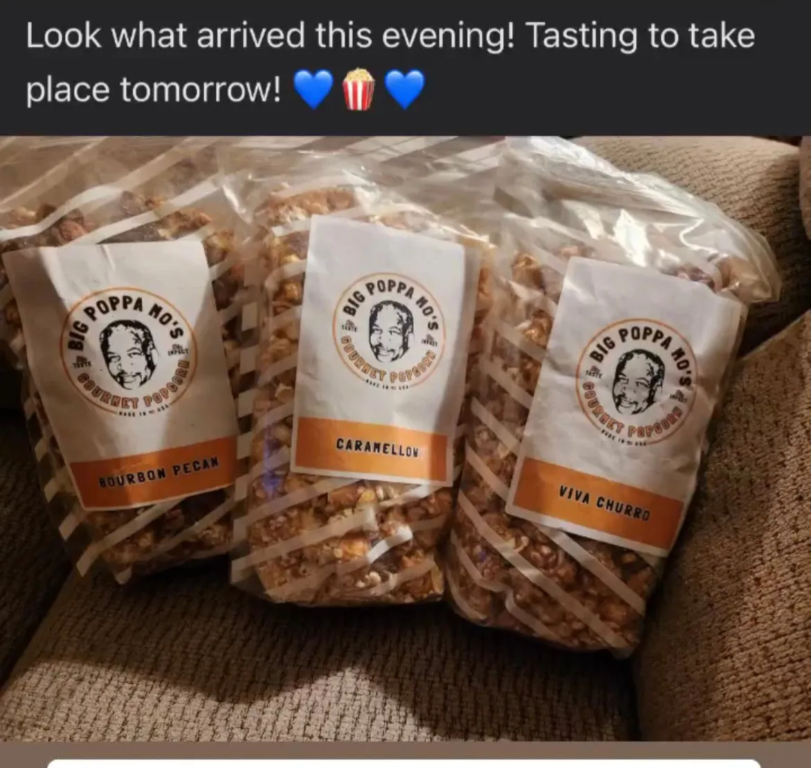 Customer post showing Bourbon Pecan, Caramellow, and Viva Churro bags: “Look what arrived this evening! Tasting to take place tomorrow!”