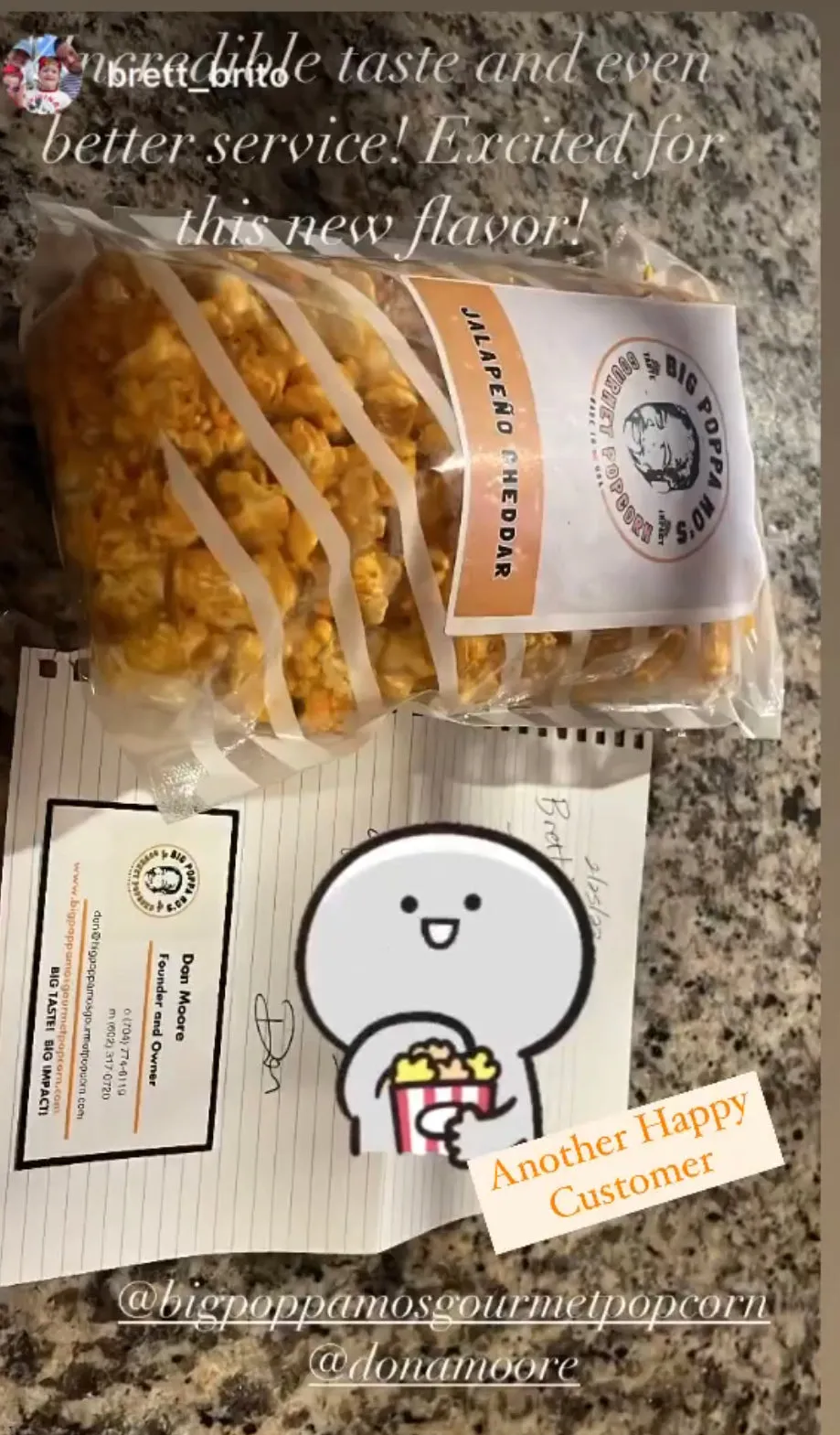 Instagram story from brett_brito showing Jalapeño Cheddar popcorn: “Incredible taste and even better service! Excited for this new flavor!”