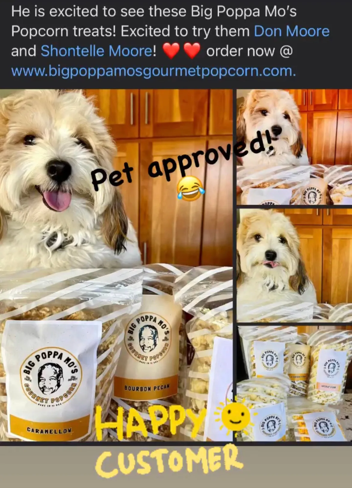 Customer photo collage of a dog beside Big Poppa Mo’s popcorn bags, shared with a message thanking Don and Shontelle and expressing excitement to try the popcorn.