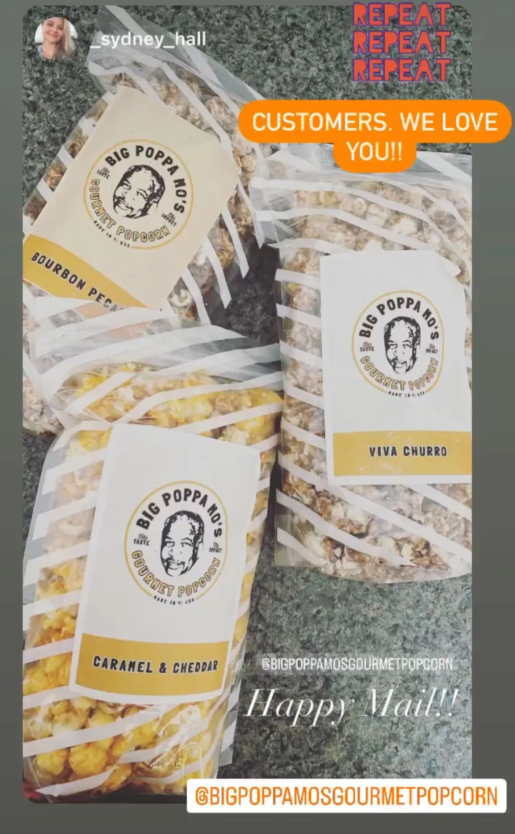 Repeat-order Instagram story from _sydney_hall showing Bourbon Pecan, Caramel and Cheddar, and Viva Churro bags with the message “Happy Mail!!”