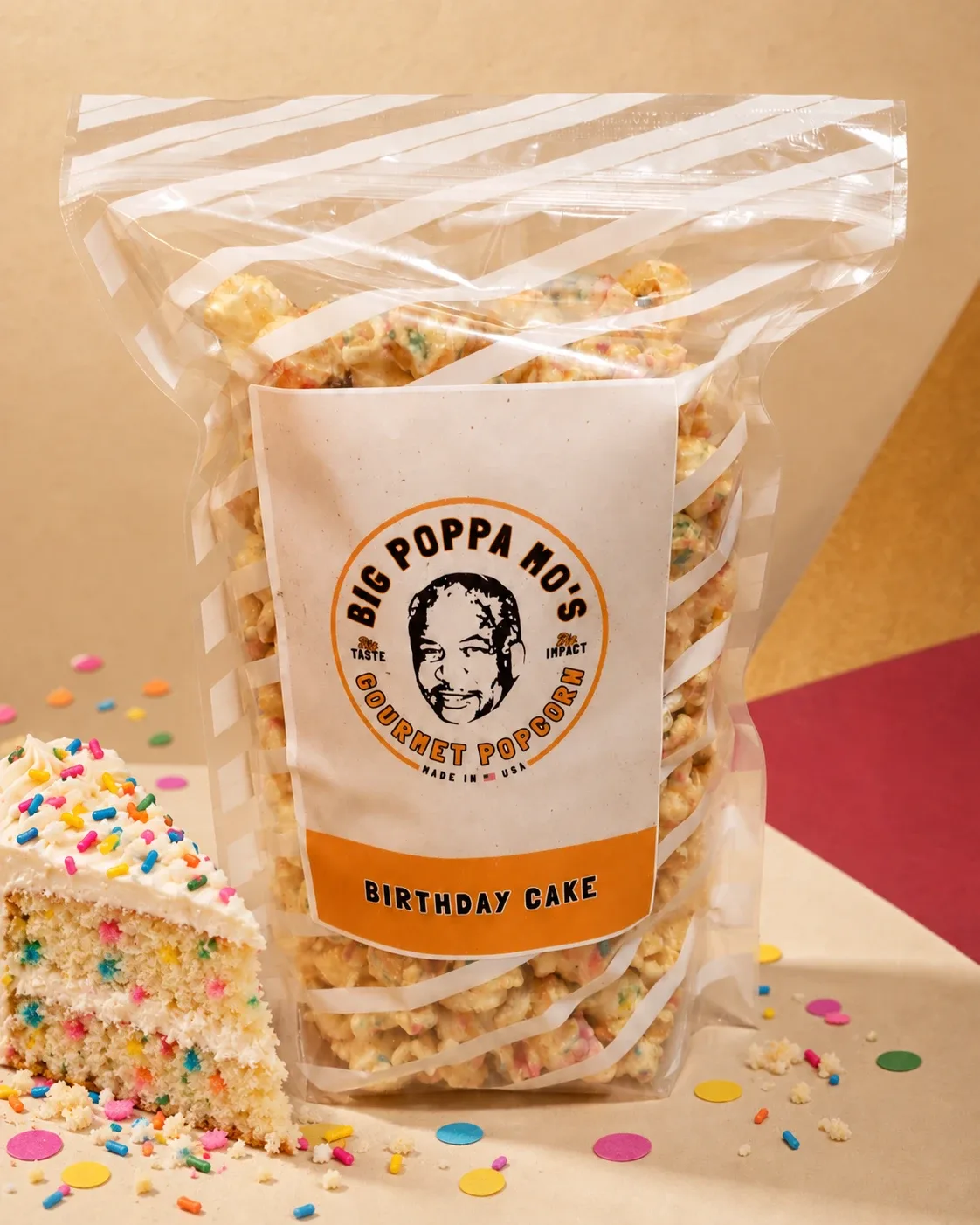 Birthday Cake gourmet popcorn in a Big Poppa Mo’s pouch