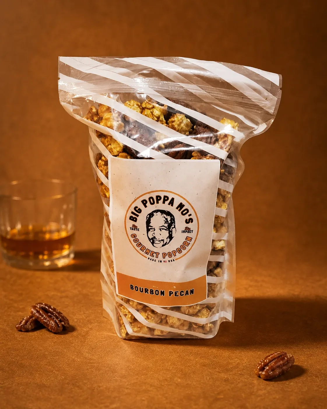 Bourbon Pecan gourmet popcorn in a Big Poppa Mo’s pouch