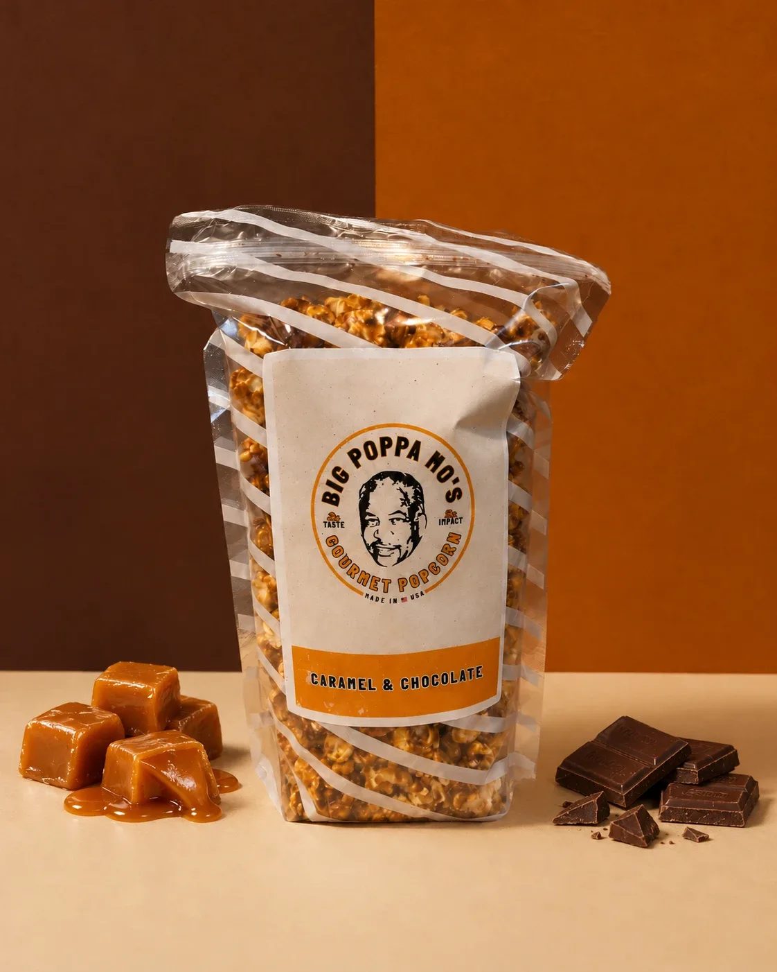 Caramel and Chocolate gourmet popcorn in a Big Poppa Mo’s pouch