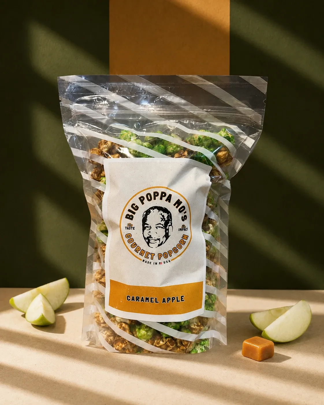 Caramel Apple gourmet popcorn in a Big Poppa Mo’s pouch