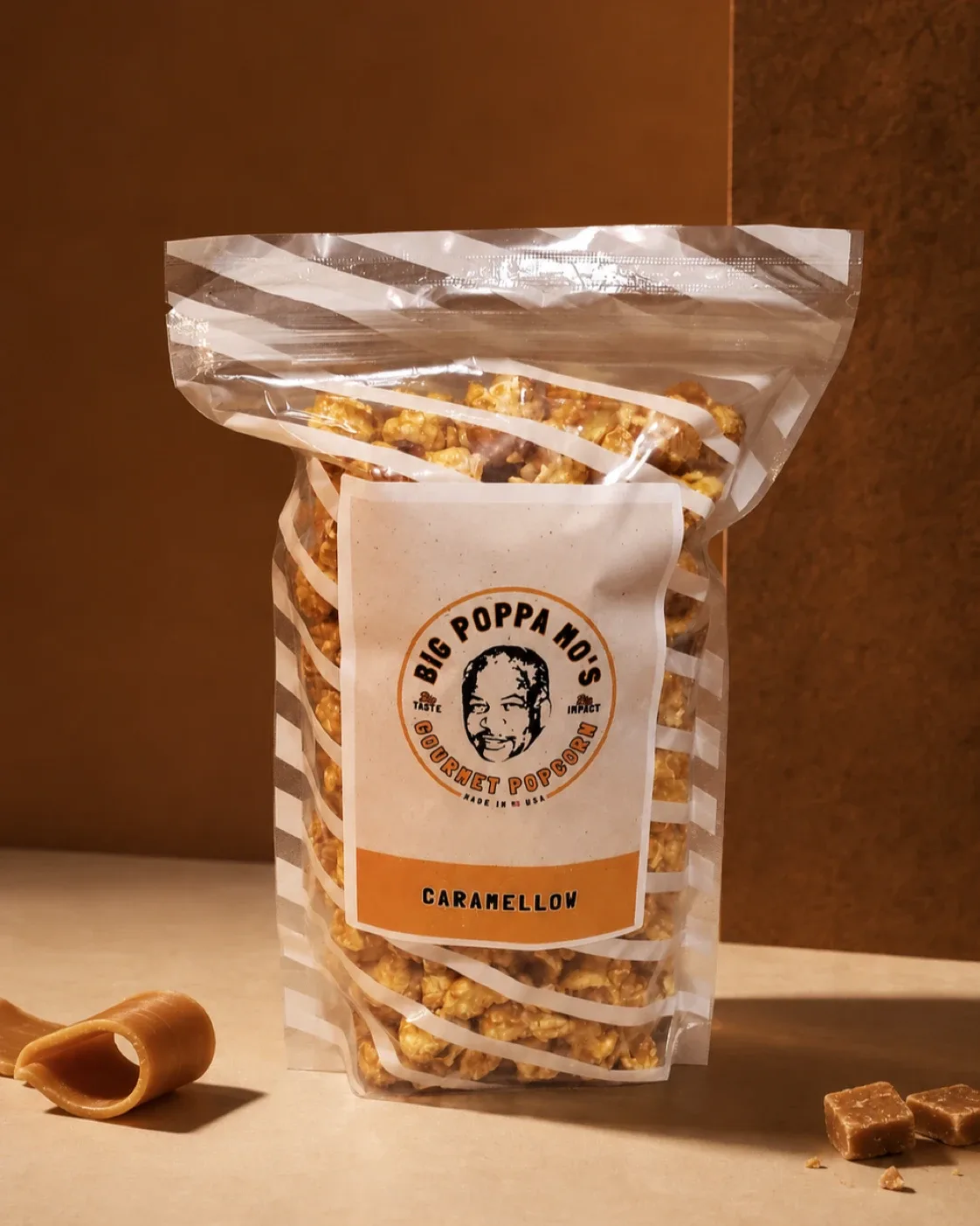 Caramello gourmet popcorn in a Big Poppa Mo’s pouch