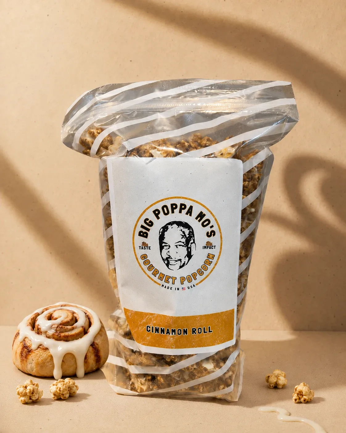 Cinnamon Roll gourmet popcorn in a Big Poppa Mo’s pouch