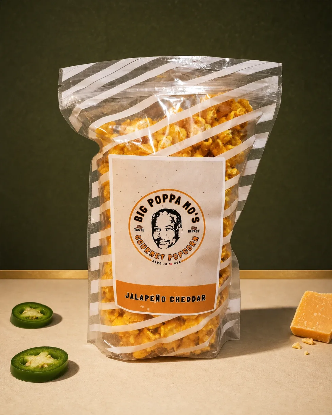 Jalapeno Cheddar gourmet popcorn in a Big Poppa Mo’s pouch