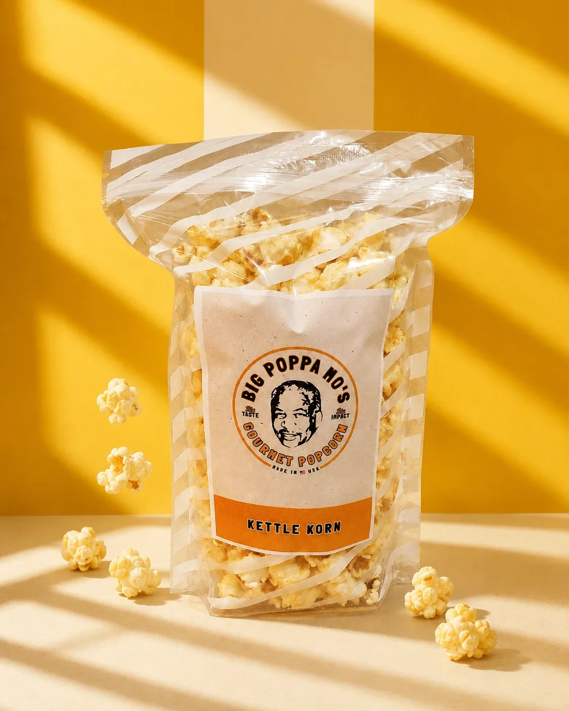 Kettle Korn gourmet popcorn in a Big Poppa Mo’s pouch
