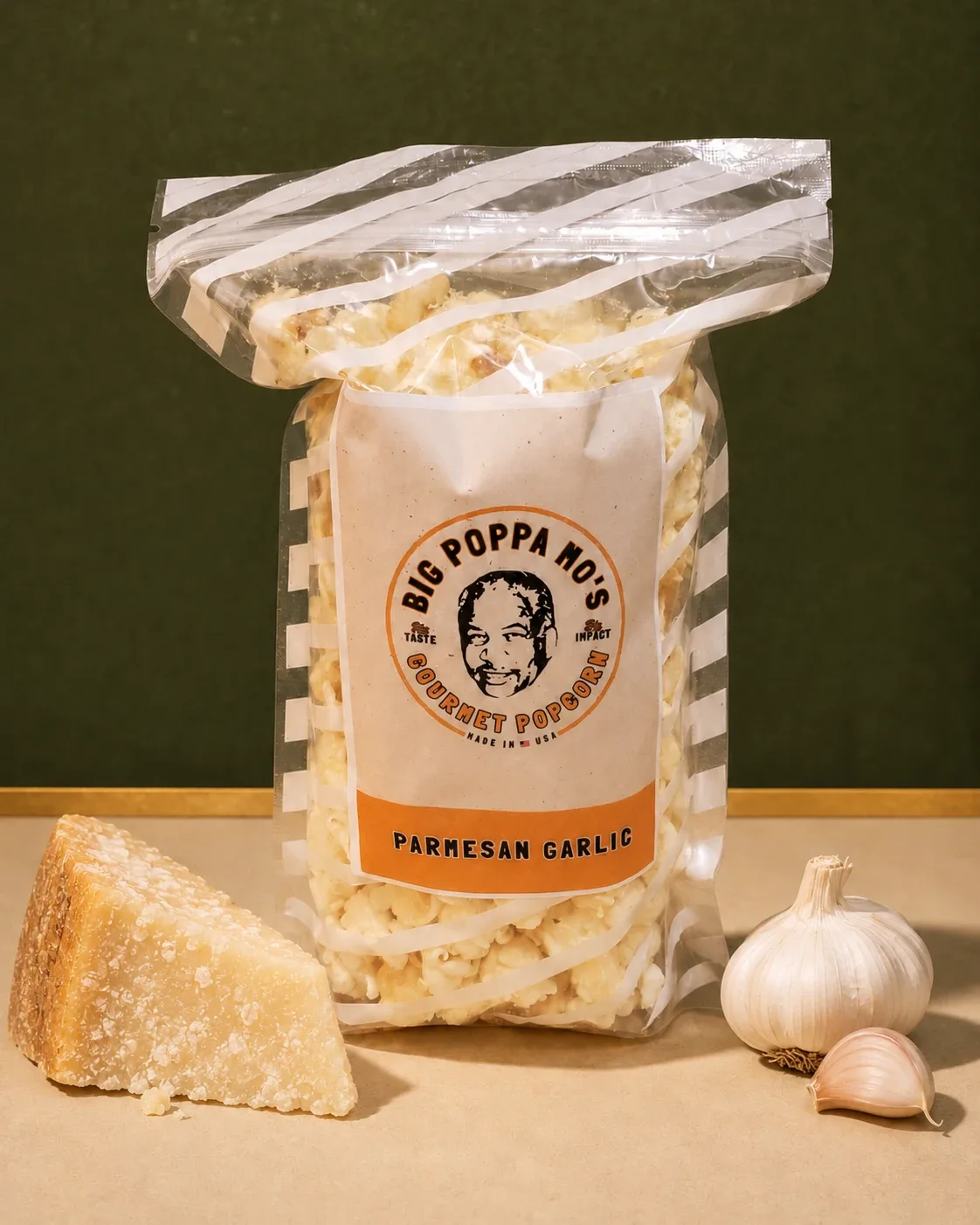 Parmesan Garlic gourmet popcorn in a Big Poppa Mo’s pouch