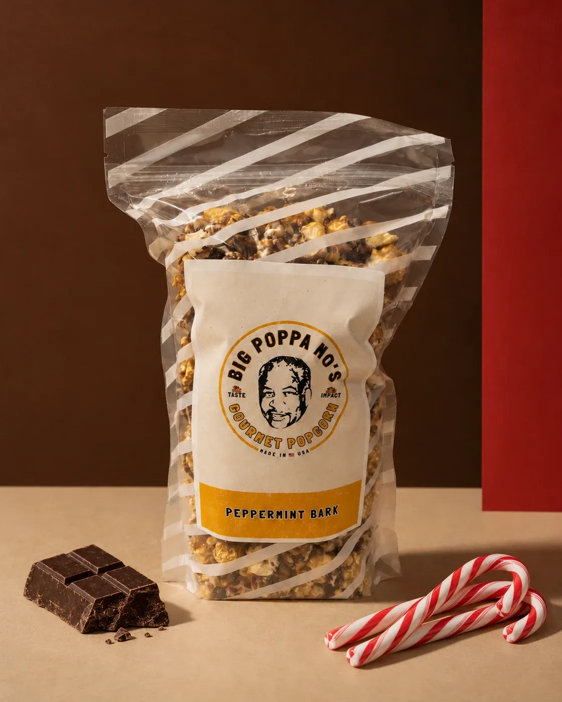 Peppermint Bark gourmet popcorn in a Big Poppa Mo’s pouch