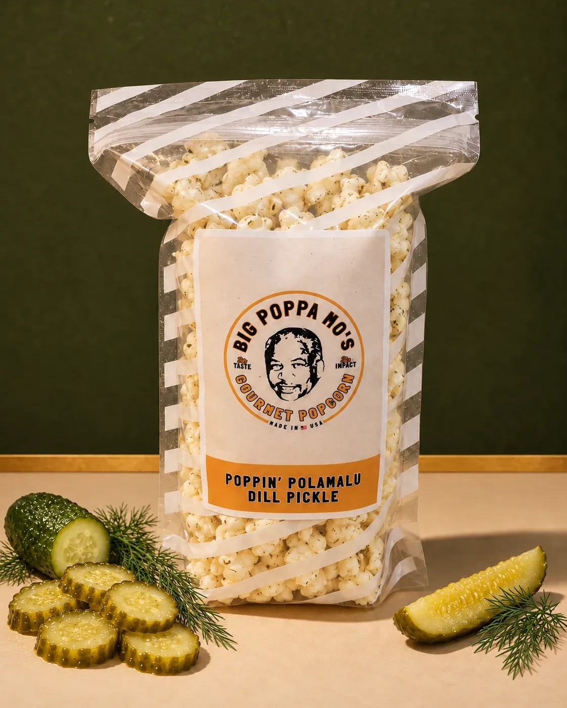 Poppin’ Polamalu Dill Pickle gourmet popcorn in a Big Poppa Mo’s pouch