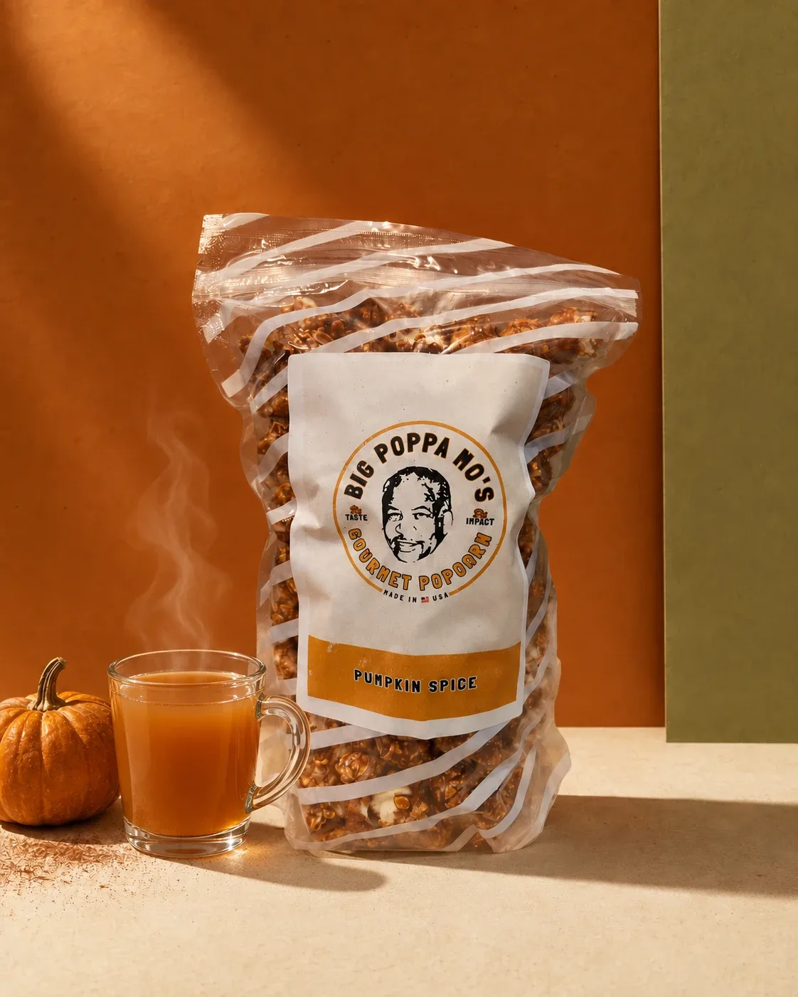 Pumpkin Spice gourmet popcorn in a Big Poppa Mo’s pouch