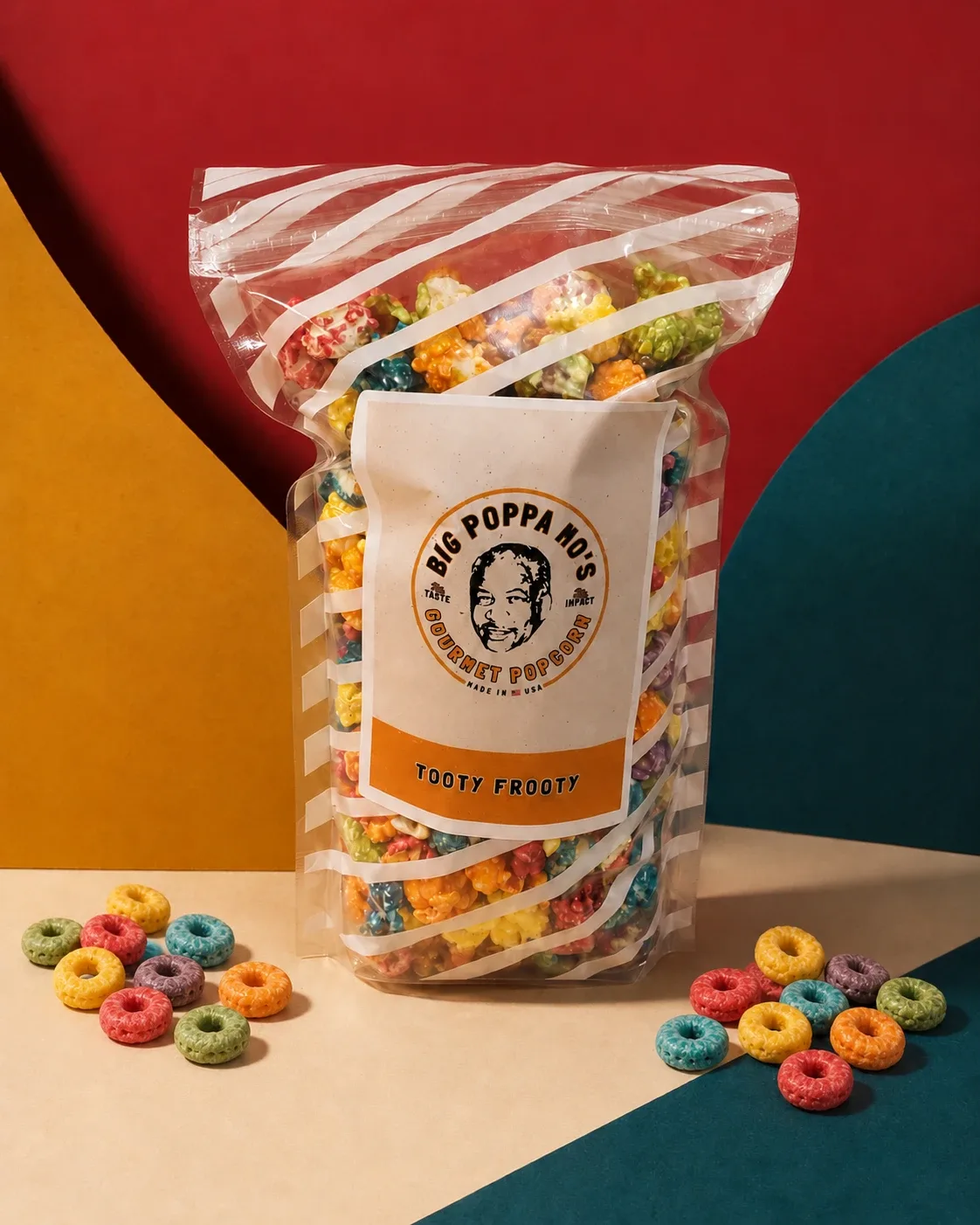 Tooty Frooty gourmet popcorn in a Big Poppa Mo’s pouch
