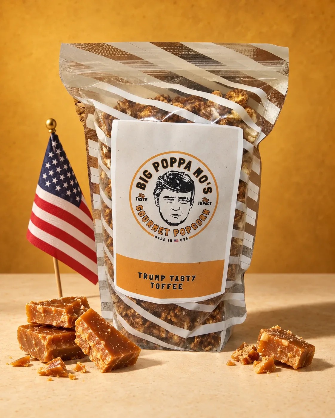 Tasty Trump Toffee gourmet popcorn in a Big Poppa Mo’s pouch