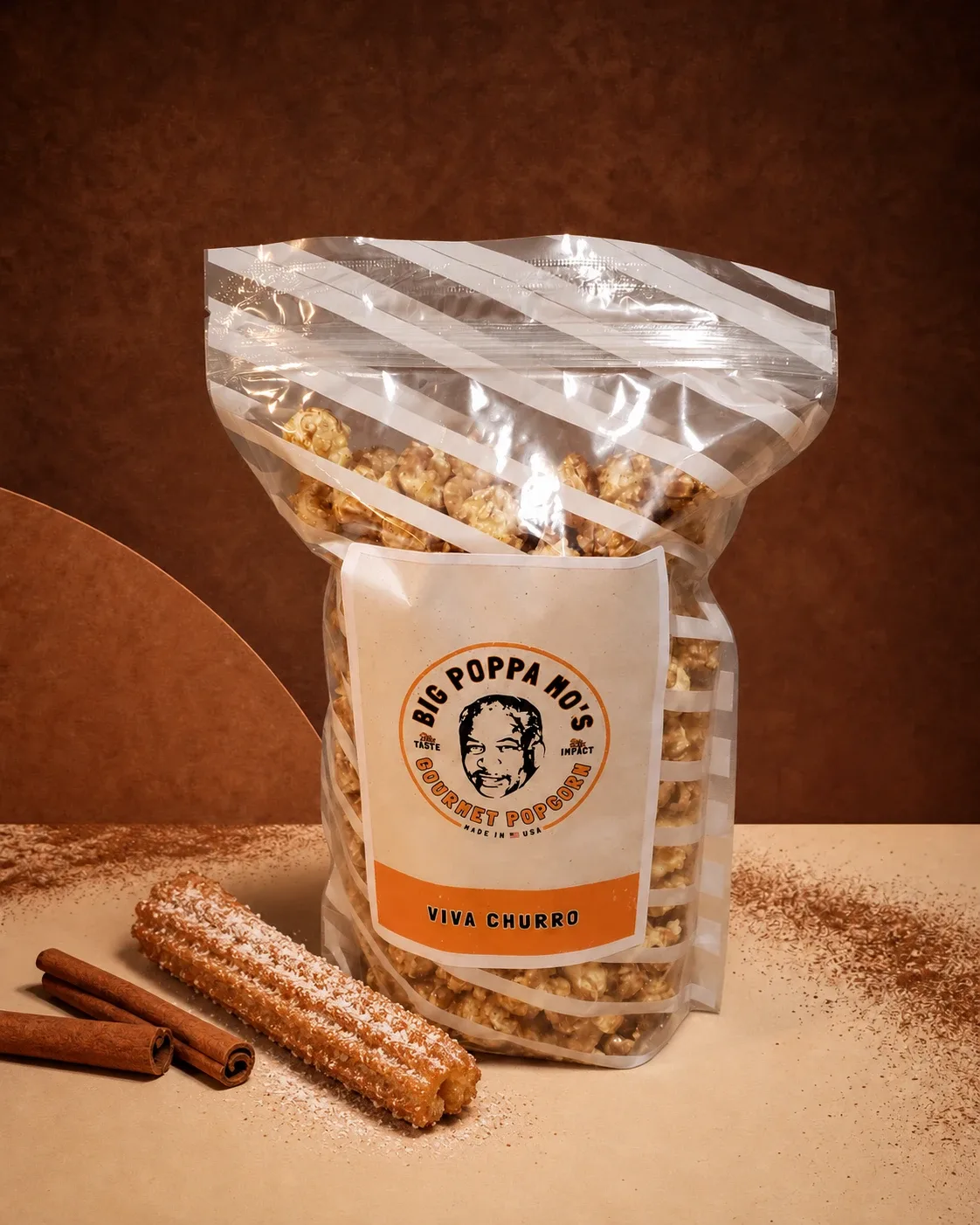 Viva Churro gourmet popcorn in a Big Poppa Mo’s pouch